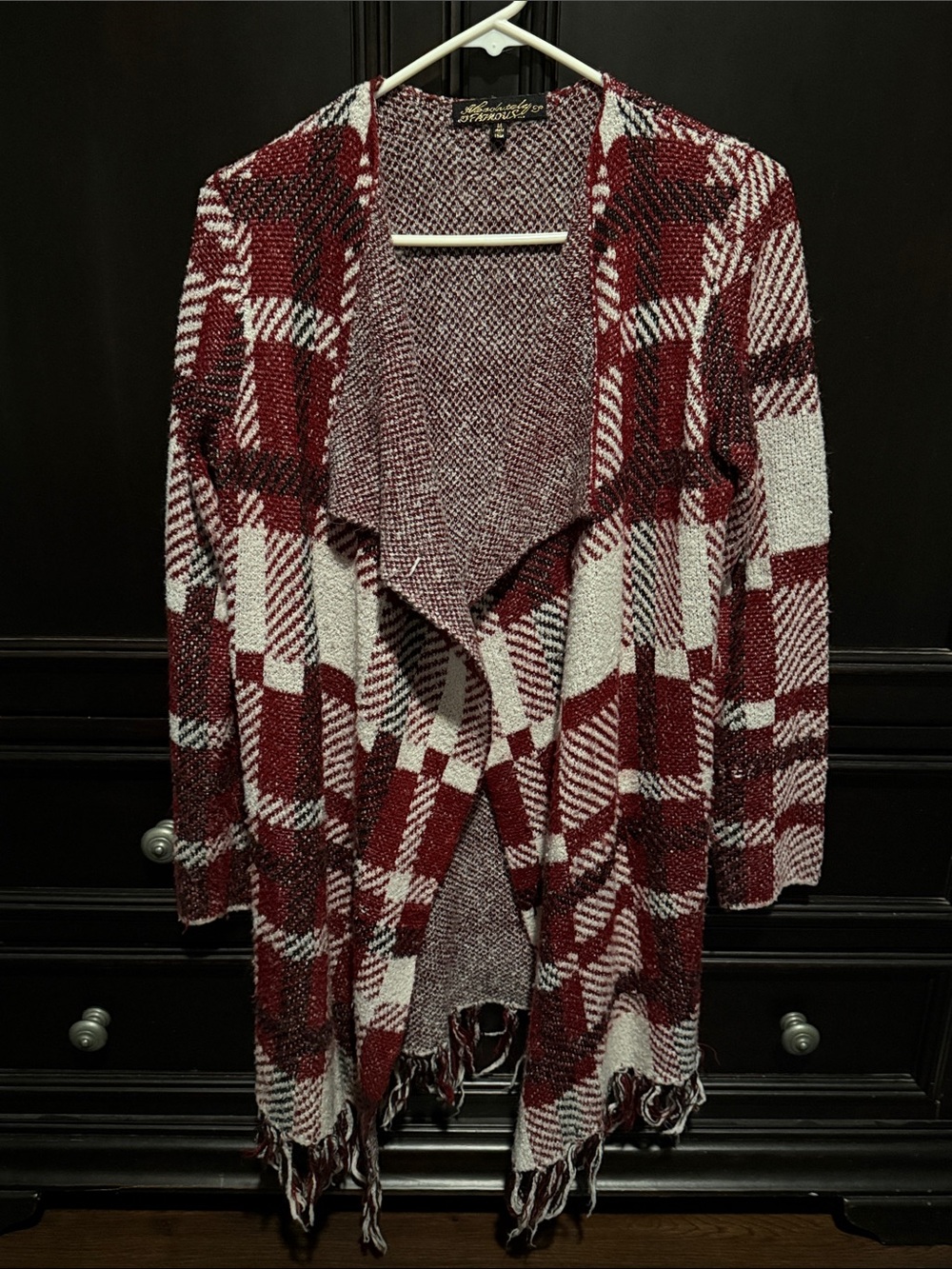 Absolutely Famous Burgundy and White Plaid Fringe Open-Front Cardigan